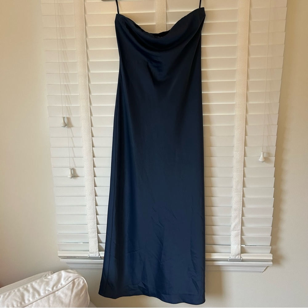WAYF Strapless Satin Dress Navy Blue